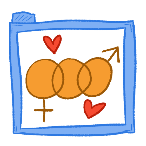  a drawing of a hollow blue folder containing a sketchy orange symbol of an interlocked circle, Venus symbol, and Mars symbol, with two hearts around them.